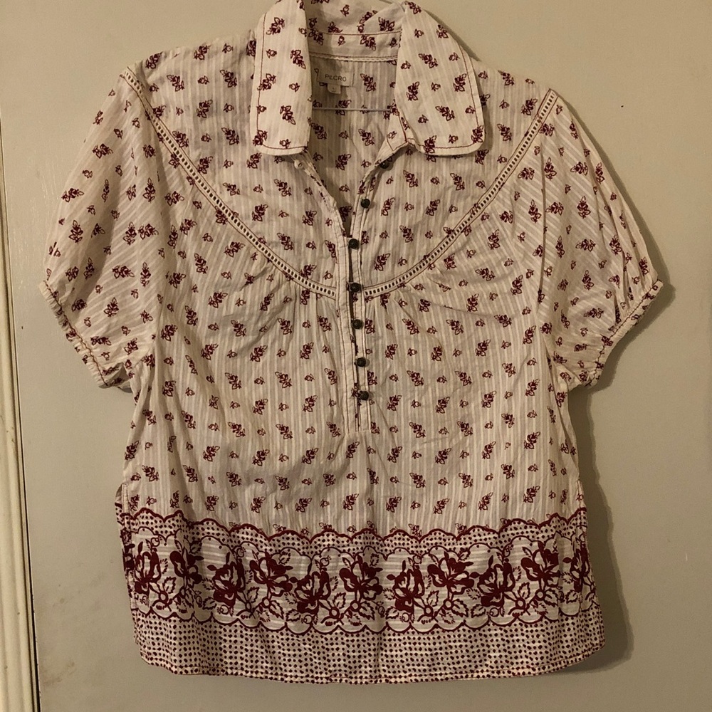 Anthrpologie Cream Blouse with Maroon Floral Border